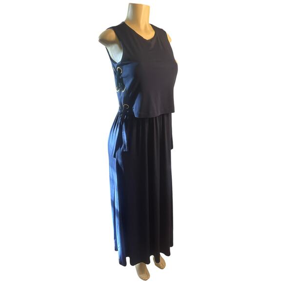 NWT Women PS Michael Kors True Navy Dress Maxi Lace-Up Sides Blouson Layered - Picture 1 of 7